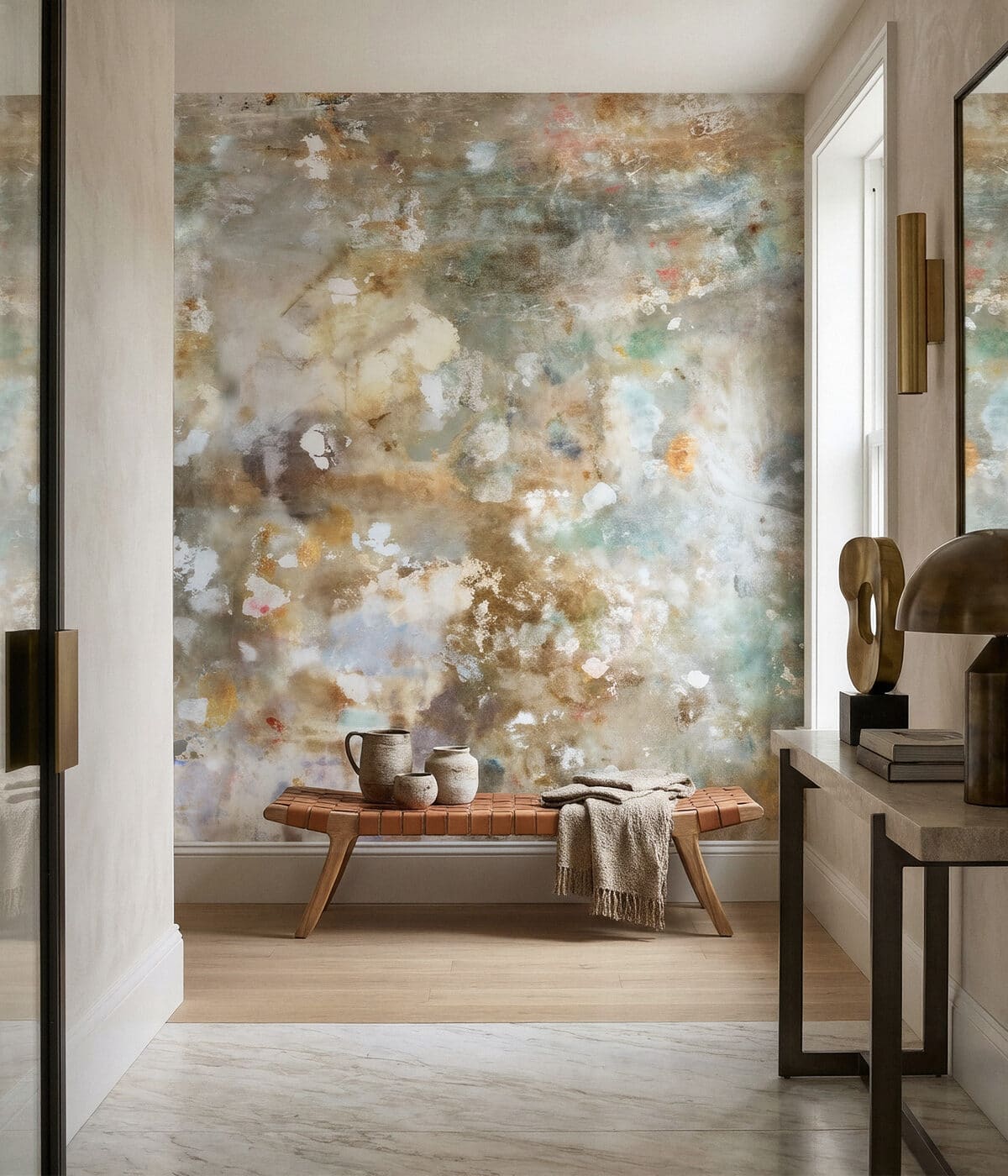 Abstract textured wallpaper in a warm entry space
