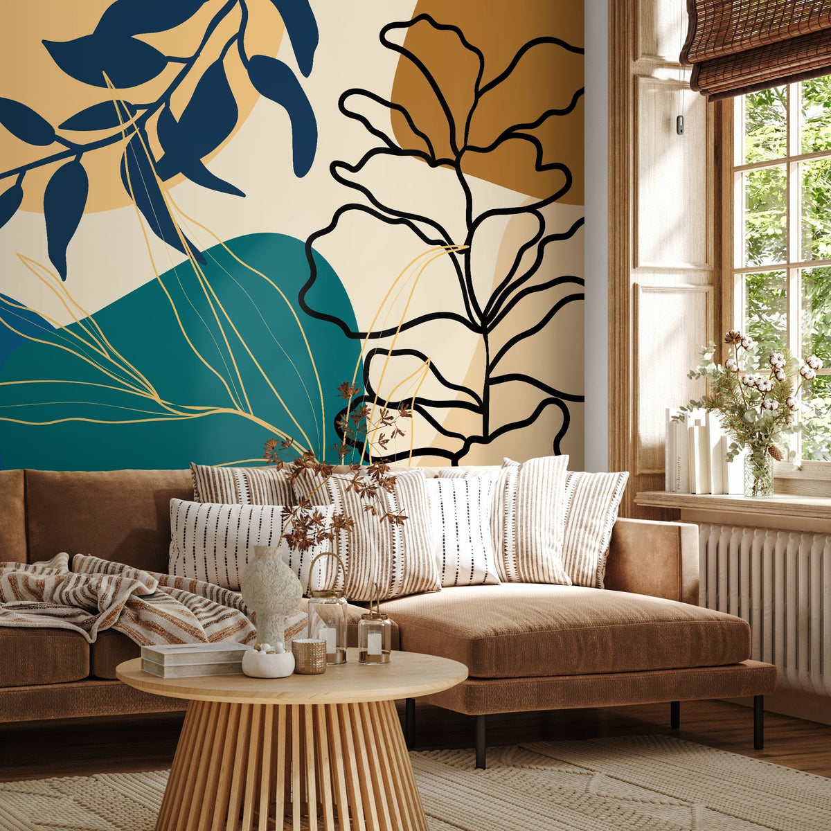 Colorful botanical wallpaper design with teal and ochre shapes