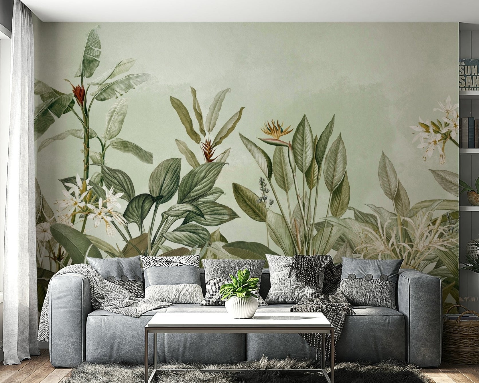 Soft botanical wallpaper in a calm living room